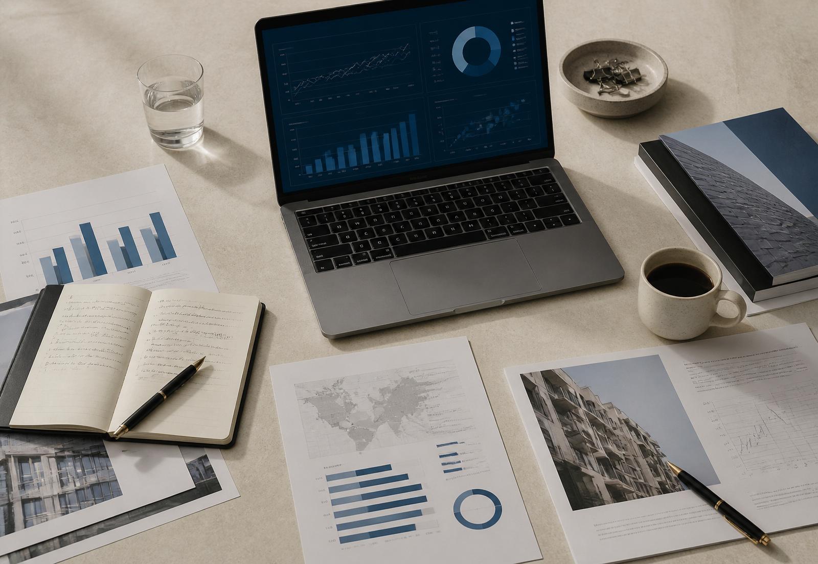 Mesa de trabajo con laptop mostrando analíticas, informes de mercado y libreta